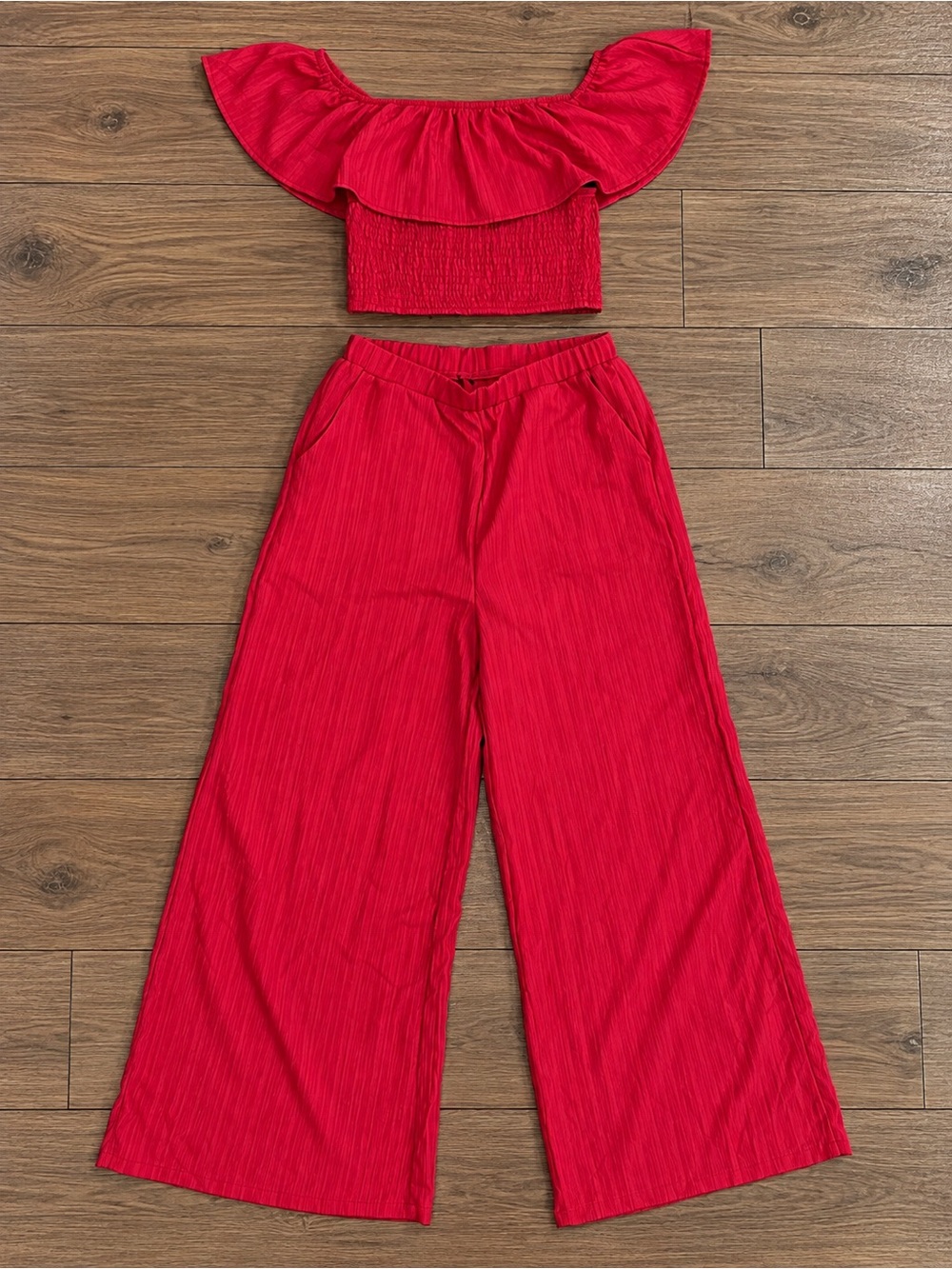 Red Wide-Leg Smocked Crop Top & Pants Set